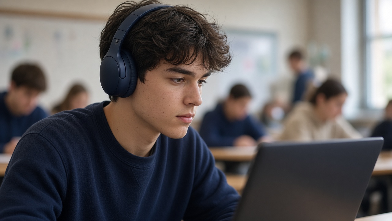 زبان‌آموز با هدفون در حال تمرین Listening آکادمیک تافل