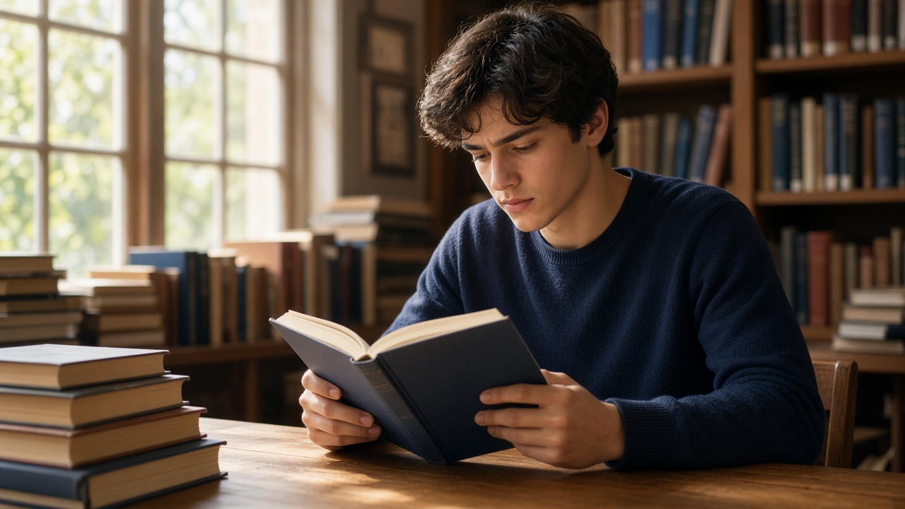 زبان‌آموز در حال خواندن متن آکادمیک انگلیسی برای بخش Reading تافل
